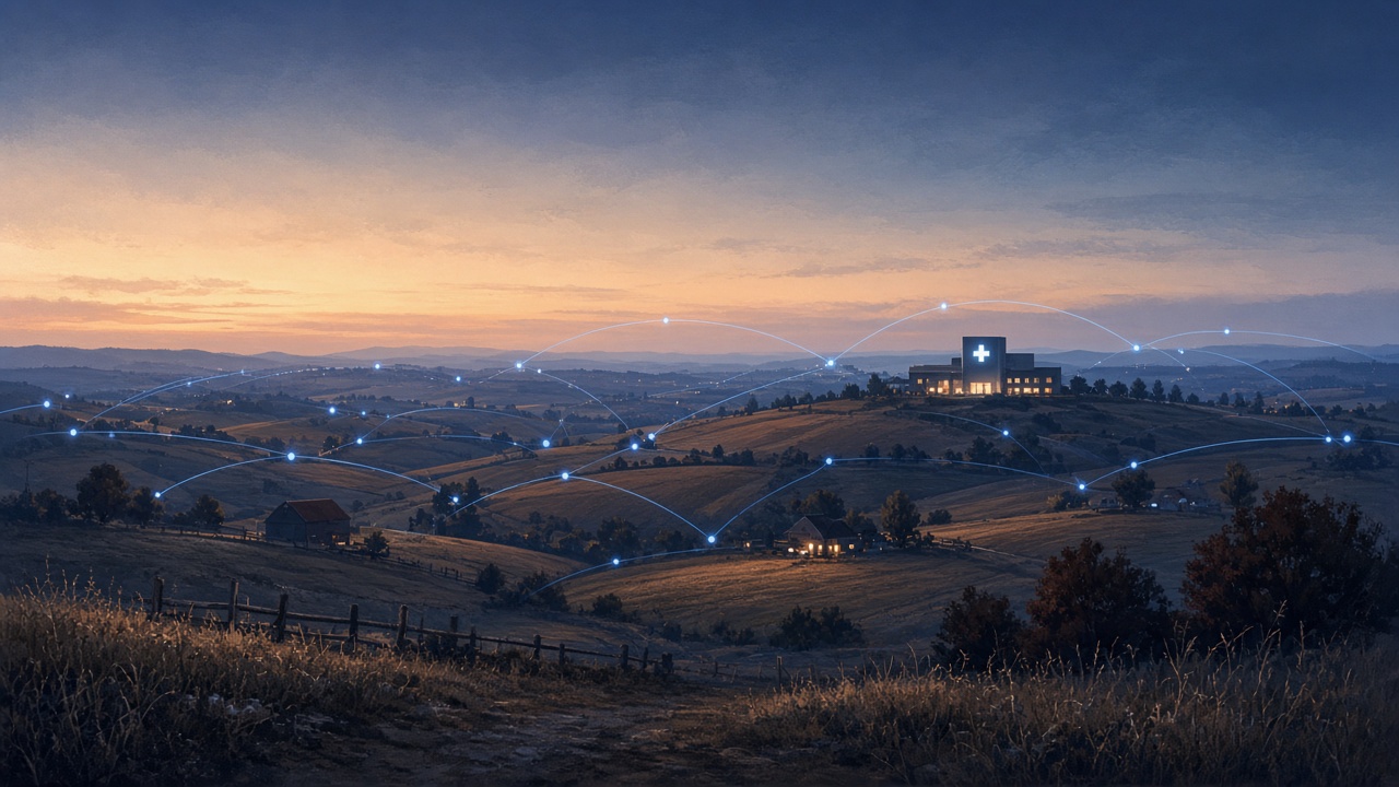 Rolling rural farmland at dusk, with glowing lines linking farmhouses across the hills to a hospital on the ridge.