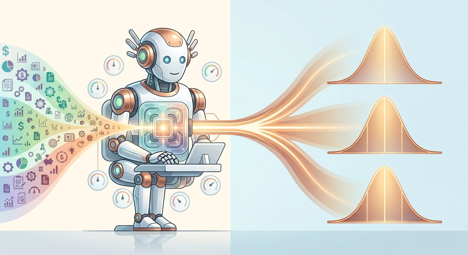 Illustration: a stream of financial icons flows into a friendly robot with a glowing core, which sends out streams of light that become probability curves.